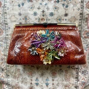 Snakeskin Vintage Seashell Floral Embellished Brown Clutch